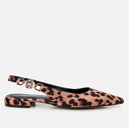 Leopard print slingback shoe with a decorative strap.