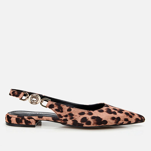 Leopard print slingback shoe with a decorative strap.