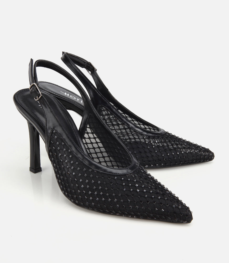 Stiletto me Gurë Dekorativë, Pjesa e Pasme e Hapur, Ngjyrë e Zezë - Femra
