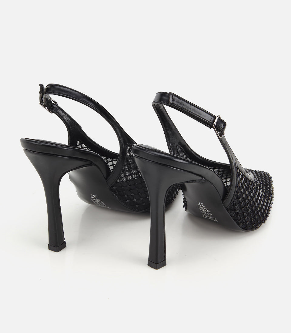 Stiletto me Gurë Dekorativë, Pjesa e Pasme e Hapur, Ngjyrë e Zezë - Femra