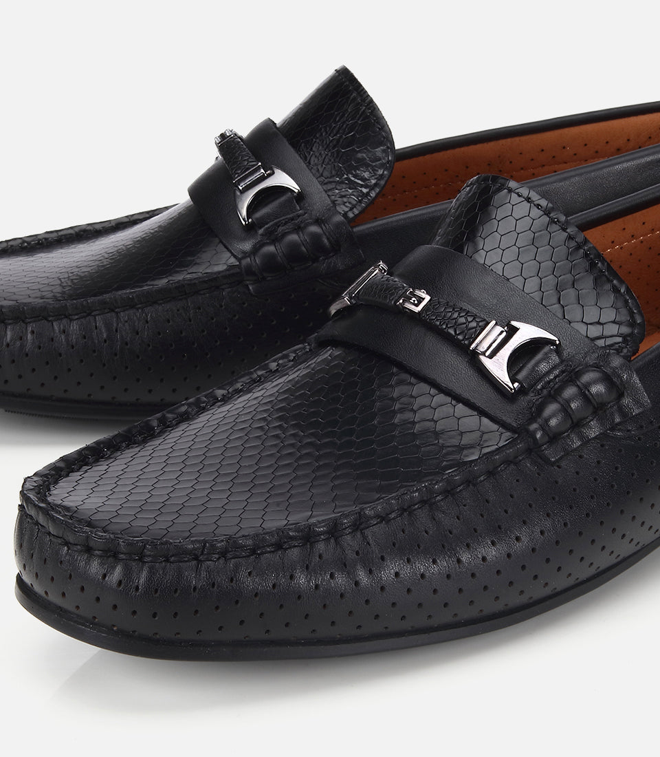 Erkek Deri Siyah Tokalı Günlük Loafer - top